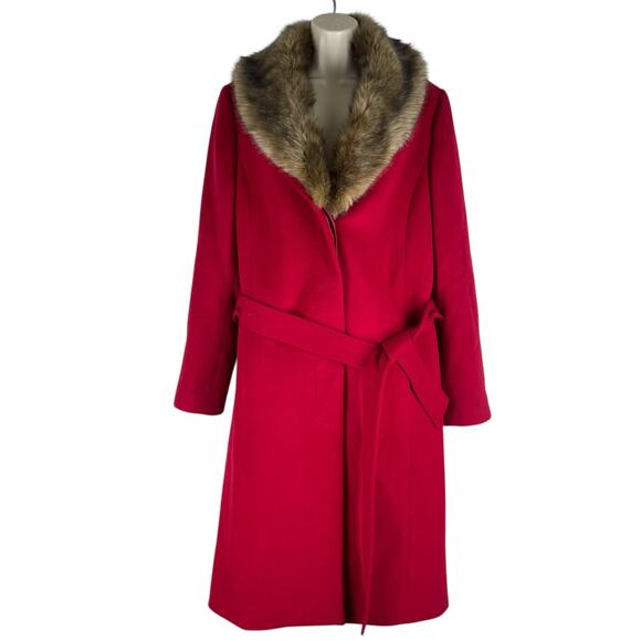 Talbots Wool Blend Belted Long Coat Removable Fur Collar Red Size 6 - Picture 3 of 10